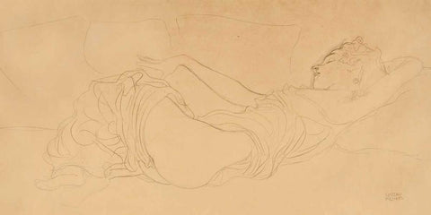Sleeping Woman Black Ornate Wood Framed Art Print with Double Matting by Klimt, Gustav