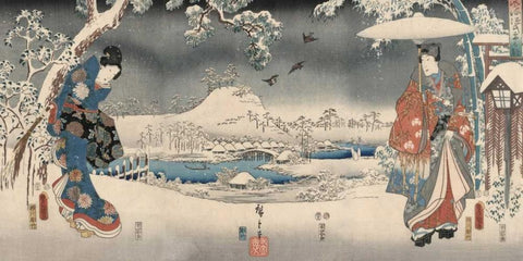 Snowy landscape with a woman and a man 1853 White Modern Wood Framed Art Print with Double Matting by Hiroshige, Ando