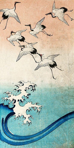 Cranes Flying (detail) White Modern Wood Framed Art Print with Double Matting by Ando, Hiroshige