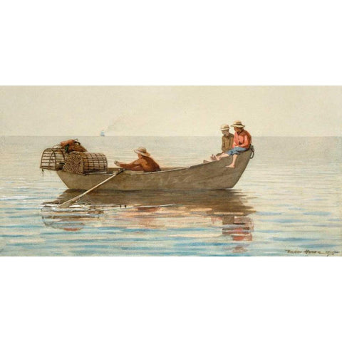 Three Boys in a Dory with Lobster Pots White Modern Wood Framed Art Print by Homer, Winslow