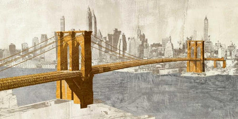 Gilded Brooklyn Bridge White Modern Wood Framed Art Print with Double Matting by Joannoo