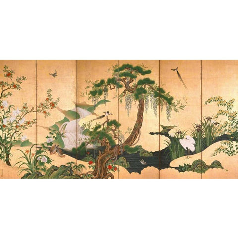 Birds and Flowers of Spring and Summer Black Modern Wood Framed Art Print with Double Matting by Eino, Kano