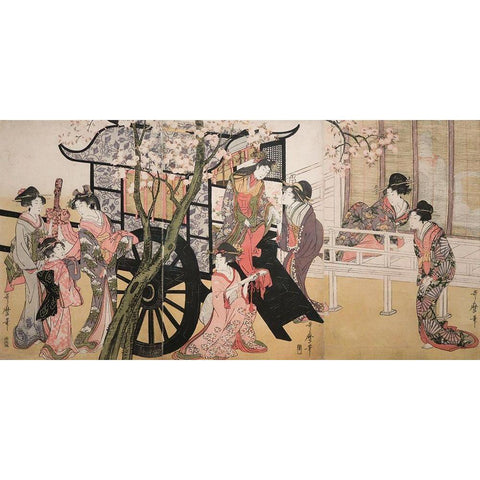 Courtesans admiring cherry blossoms Black Modern Wood Framed Art Print with Double Matting by Kitagawa, Utamaro