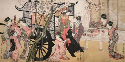 Courtesans admiring cherry blossoms White Modern Wood Framed Art Print with Double Matting by Kitagawa, Utamaro