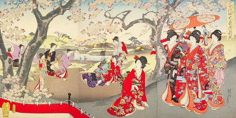 A Hanami at the Edo Castle White Modern Wood Framed Art Print with Double Matting by Chikanobu, Yoshu (Hashimoto)