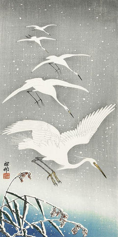 Descending egrets in snow White Modern Wood Framed Art Print with Double Matting by Koson, Ohara