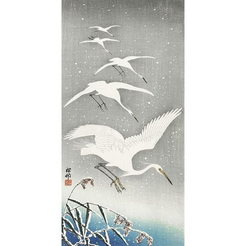 Descending egrets in snow White Modern Wood Framed Art Print by Koson, Ohara