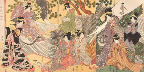 Kabuki players as the Eight Sennin White Modern Wood Framed Art Print with Double Matting by Kininaga