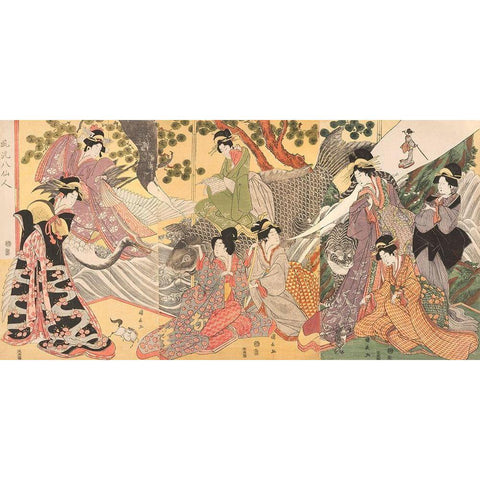 Kabuki players as the Eight Sennin White Modern Wood Framed Art Print by Kininaga