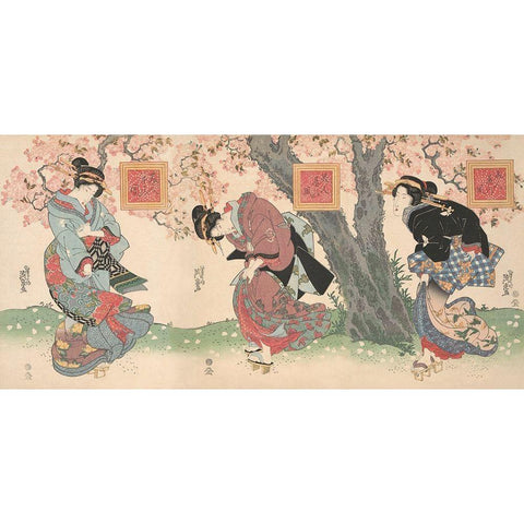 Beauties in a spring storm Gold Ornate Wood Framed Art Print with Double Matting by Eisen, Keisai