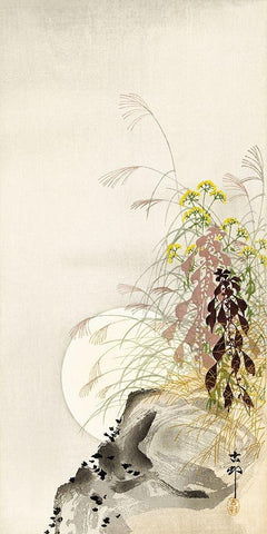 Grass and Full Moon White Modern Wood Framed Art Print with Double Matting by Koson, Ohara