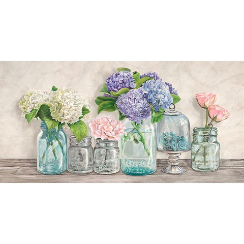 Flowers in Mason Jars White Modern Wood Framed Art Print by Jenny, Thomlinson