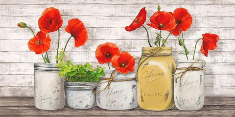 Poppies in Mason Jars Black Ornate Wood Framed Art Print with Double Matting by Jenny, Thomlinson