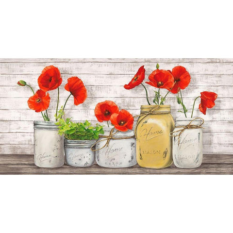 Poppies in Mason Jars Black Modern Wood Framed Art Print by Jenny, Thomlinson