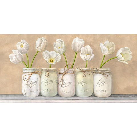 White Tulips in Mason Jars Black Modern Wood Framed Art Print with Double Matting by Jenny, Thomlinson