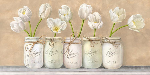 White Tulips in Mason Jars White Modern Wood Framed Art Print with Double Matting by Jenny, Thomlinson