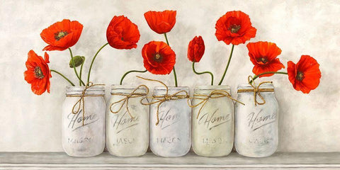 Red Poppies in Mason Jars Black Ornate Wood Framed Art Print with Double Matting by Jenny, Thomlinson