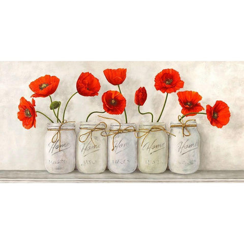 Red Poppies in Mason Jars Black Modern Wood Framed Art Print by Jenny, Thomlinson