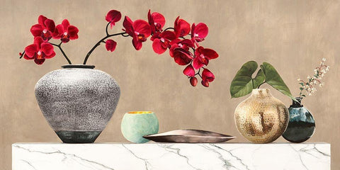 Red Orchids on White Marble Black Ornate Wood Framed Art Print with Double Matting by Thomlinson, Jenny