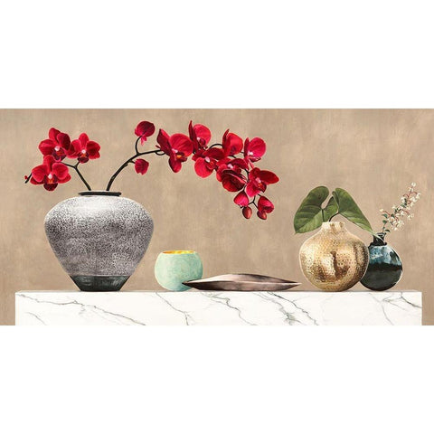 Red Orchids on White Marble White Modern Wood Framed Art Print by Thomlinson, Jenny