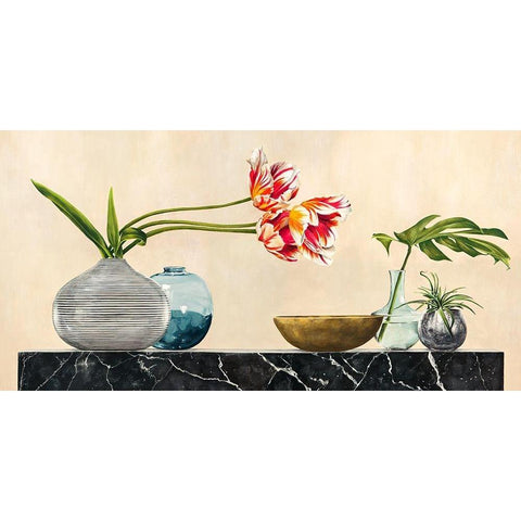 Floral Setting on Black Marble Gold Ornate Wood Framed Art Print with Double Matting by Thomlinson, Jenny