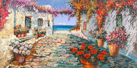 Piazzetta mediterranea White Modern Wood Framed Art Print with Double Matting by Luigi, Florio