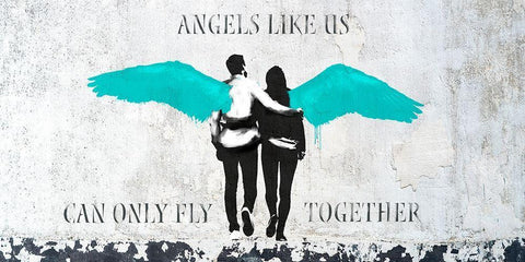 Angels Like Us (Aqua) Black Ornate Wood Framed Art Print with Double Matting by Masterfunk Collective