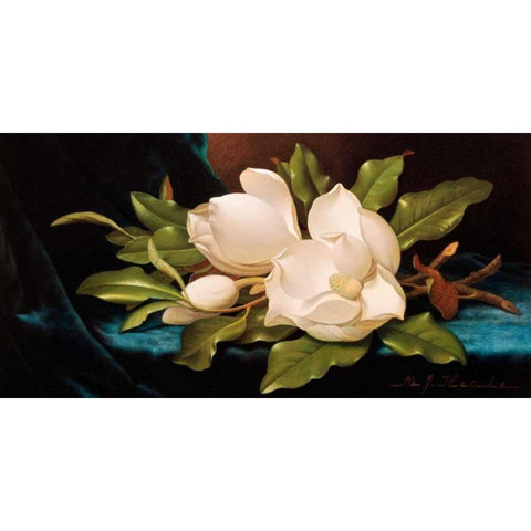 Giant Magnolias on Blue Cloth Gold Ornate Wood Framed Art Print with Double Matting by Heade, Martin Johnson