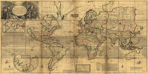 A New and Correct Map of the Whole World 1719 White Modern Wood Framed Art Print with Double Matting by Moll, Herman