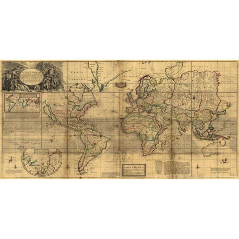 A New and Correct Map of the Whole World 1719 White Modern Wood Framed Art Print by Moll, Herman