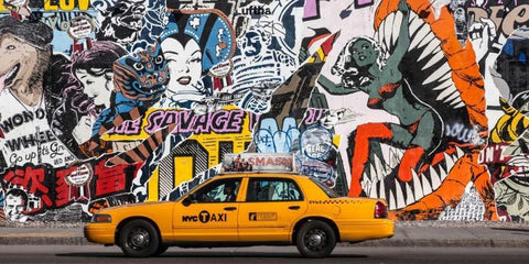 Taxi and mural painting in Soho, NYC Black Ornate Wood Framed Art Print with Double Matting by Setboun, Michel