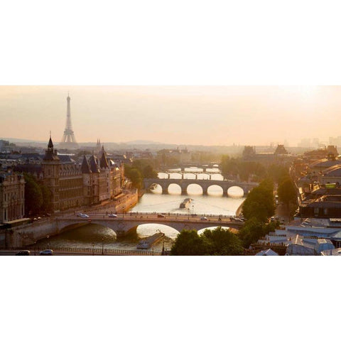 Bridges over the Seine river, Paris White Modern Wood Framed Art Print by Setboun, Michel