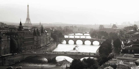Bridges over the Seine river, Paris White Modern Wood Framed Art Print with Double Matting by Setboun, Michel