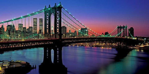 Manhattan Bridge and Skyline White Modern Wood Framed Art Print with Double Matting by Berenholtz, Richard