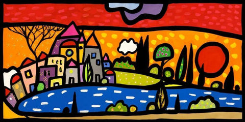 Tramonto sul lago White Modern Wood Framed Art Print with Double Matting by Wallas