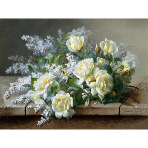 A Still Life with Roses Gold Ornate Wood Framed Art Print with Double Matting by de Longpre, Raoul