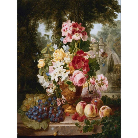 A Vase of Summer Flowers and Fruit White Modern Wood Framed Art Print by Wainwright, William John