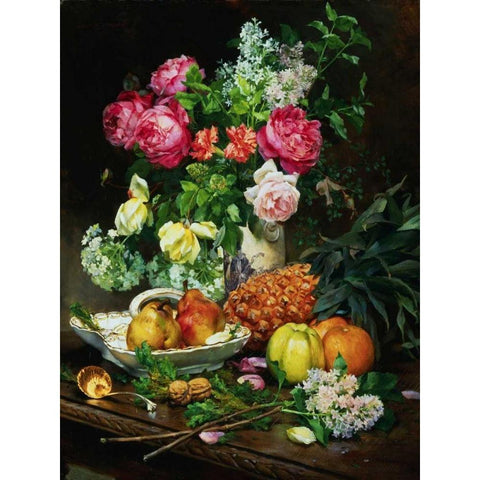 Painting of Roses in a Vase, Pears in a Porcelain Bowl Gold Ornate Wood Framed Art Print with Double Matting by Anonymous