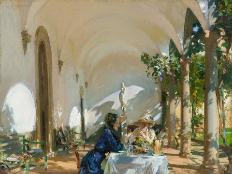 Breakfast in the Loggia White Modern Wood Framed Art Print with Double Matting by Sargent, John Singer