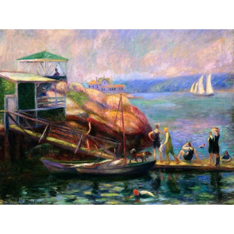 Swimming in the Bay Black Modern Wood Framed Art Print by Glackens, William James