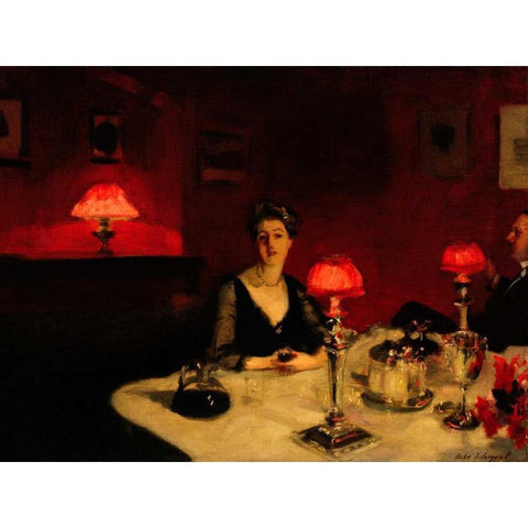 A Dinner Table at Night Gold Ornate Wood Framed Art Print with Double Matting by Sargent, John Singer
