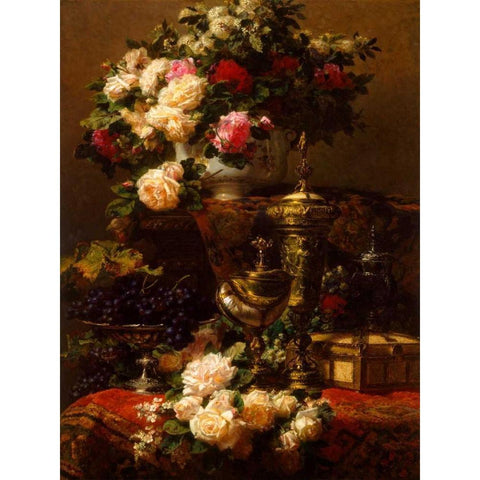 Flowers and fruit Gold Ornate Wood Framed Art Print with Double Matting by Robie, Jean-Baptiste