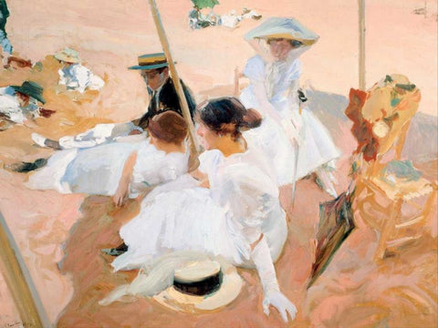 Under the awning, on the Beach at Zarauz Black Ornate Wood Framed Art Print with Double Matting by Sorolla y Bastida, Joaquin