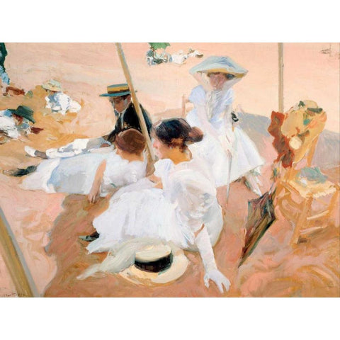 Under the awning, on the Beach at Zarauz Black Modern Wood Framed Art Print by Sorolla y Bastida, Joaquin