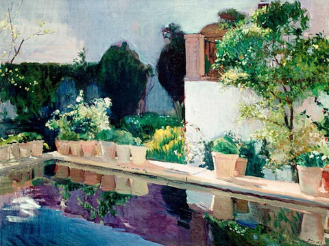 Palace of Pond, Royal Gardens in Seville Black Ornate Wood Framed Art Print with Double Matting by Sorolla y Bastida, Joaquin