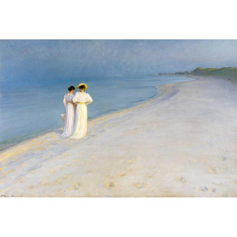 Summer evening on Skagens Beach White Modern Wood Framed Art Print by KrÃ¸yer, Peder Severin