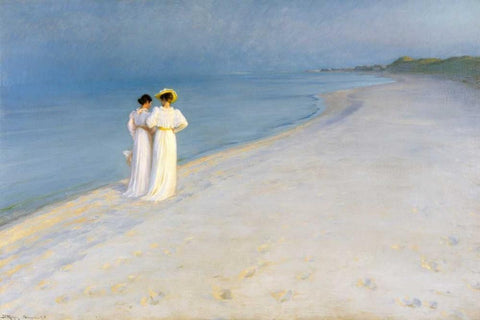 Summer evening on Skagens Beach White Modern Wood Framed Art Print with Double Matting by KrÃ¸yer, Peder Severin