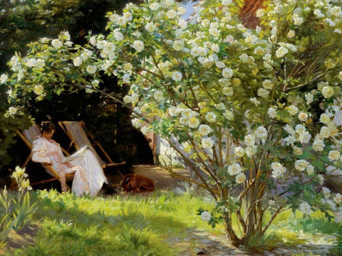 Seated in the garden of roses Black Ornate Wood Framed Art Print with Double Matting by KrÃ¸yer, Peder Severin