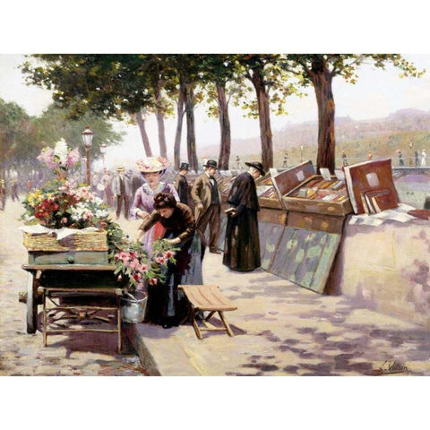 The Quays of the Seine, Paris  Black Modern Wood Framed Art Print with Double Matting by Voirin, Jules Antoine