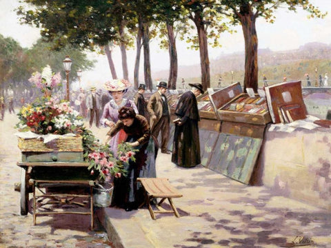 The Quays of the Seine, Paris  White Modern Wood Framed Art Print with Double Matting by Voirin, Jules Antoine